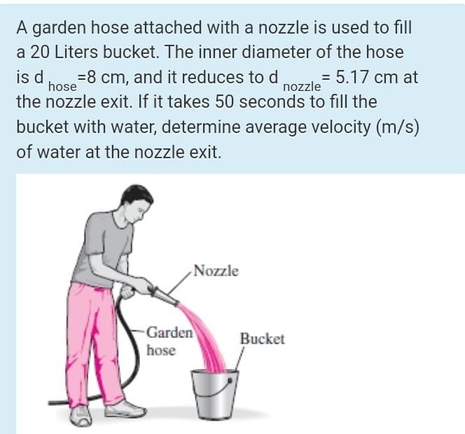 A garden hose attached with a nozzle is used to fill
a 20 Liters bucket. The inner diameter of the hose
is d
=8 cm, and it reduces to d
= 5.17 cm at
%3D
hose
the nozzle exit. If it takes 50 seconds to fill the
bucket with water, determine average velocity (m/s)
nozzle
of water at the nozzle exit.
Nozzle
Garden
Bucket
hose
