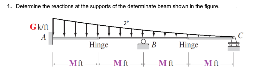 1. Determine the reactions at the supports of the determinate beam shown in the figure.
Gk/ft
A
IT
-Mft
Hinge
2°
-M ft-
B
-M ft
Hinge
-M ft
C