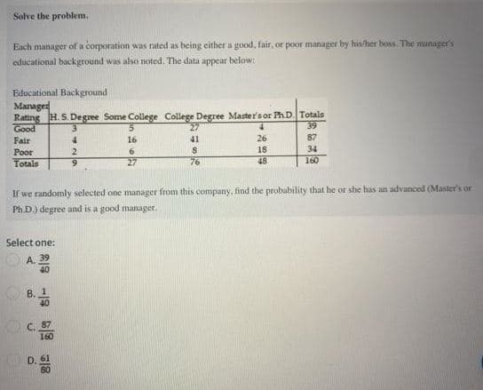 Solve the problem.
Each manager of a corporation was rated as being either a good, fair, or poor manager by his/her boss. The manager's
educational background was also noted. The data appear below:
Educational Background
Manager
Rating H. S. Degree Some College College Degree Master's or PhD. Totals
Good
3.
27
39
87
26
18
Fair
16
41
34
160
Poor
2
Totals
9
27
76
48
If we randomly selected one manager from this company, find the probability that he or she has an advanced (Master's or
Ph D.) degree and is a good manager.
Select one:
A. 39
40
B. 1
40
87
160
318
D.
