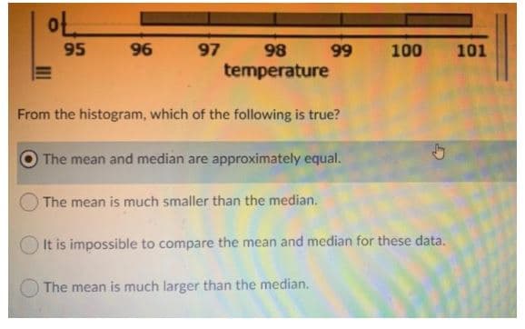 ot
95
97
66
temperature
98
100
101
96
From the histogram, which of the following is true?
O The mean and median are approximately equal.
The mean is much smaller than the median.
It is impossible to compare the mean and median for these data.
The mean is much larger than the median.
