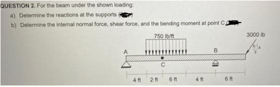 QUESTION 2. For the beam under the shown loading:
a) Determine the reactions at the supports
b) Determine the internal normal force, shear force, and the bending moment at point C
750 Ib/ft
3000 ib
4 ft
2 ft
4 ft
6 ft
