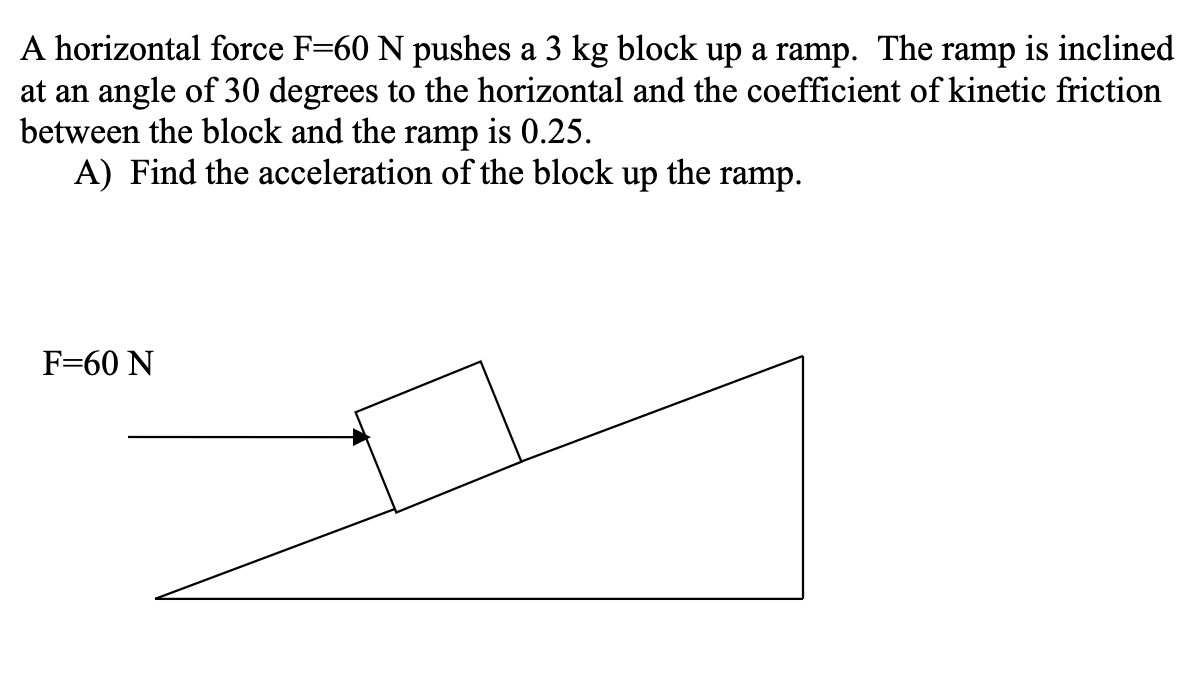 A horizontal force F=60 N pushes a 3 kg block up a ramp. The ramp is inclined
at an angle of 30 degrees to the horizontal and the coefficient of kinetic friction
between the block and the ramp is 0.25.
A) Find the acceleration of the block
up
the
ramp.
F=60 N
