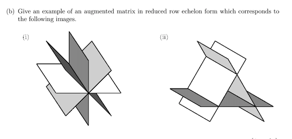 b) Give an example of an augmented matrix in reduced row echelon form which corresponds to
the following images.
(i)
(ii)
