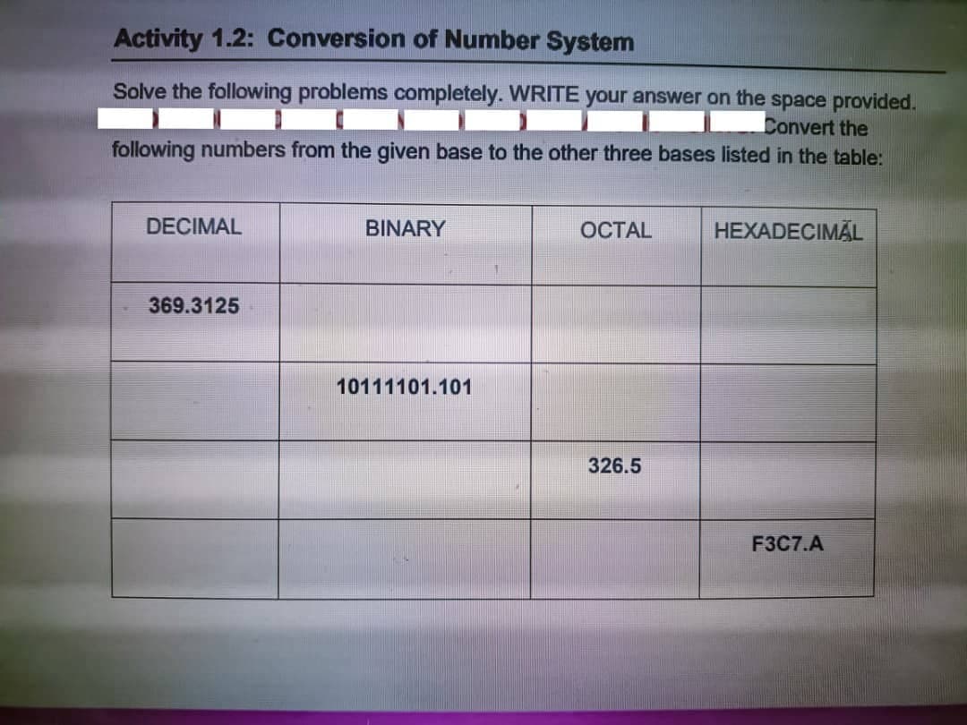 Activity 1.2: Conversion of Number System
Solve the following problems completely. WRITE your answer on the space provided.
Convert the
following numbers from the given base to the other three bases listed in the table:
DECIMAL
369.3125
BINARY
10111101.101
OCTAL
326.5
HEXADECIMAL
F3C7.A