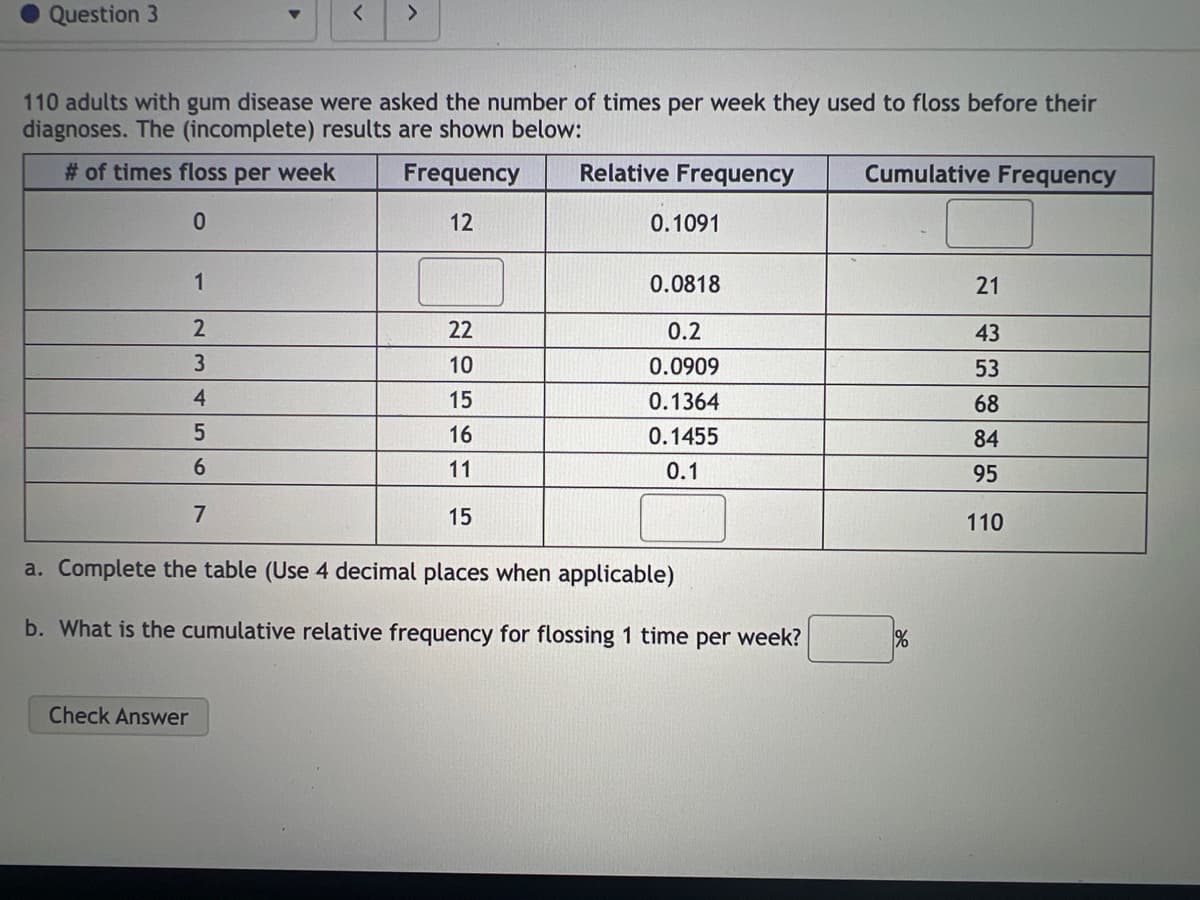 Question 3
<
110 adults with gum disease were asked the number of times per week they used to floss before their
diagnoses. The (incomplete) results are shown below:
# of times floss per week
Frequency
0
12
1
2
3
4
5
6
7
Check Answer
>
22
10
15
16
11
15
Relative Frequency
0.1091
0.0818
0.2
0.0909
0.1364
0.1455
0.1
a. Complete the table (Use 4 decimal places when applicable)
b. What is the cumulative relative frequency for flossing 1 time per week?
Cumulative Frequency
%
21
43
53
68
84
95
110