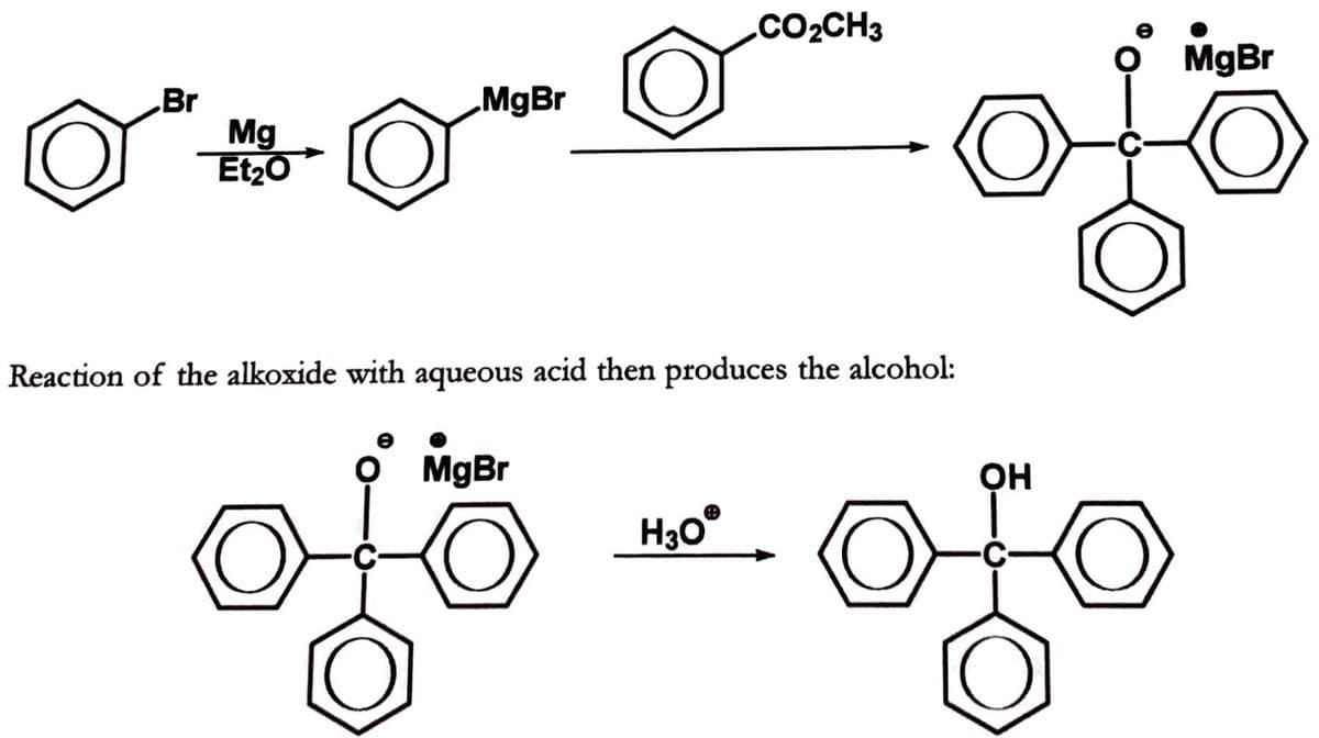 .CO2CH3
MgBr
MgBr
„Br
Mg
Et20
Reaction of the alkoxide with aqueous acid then produces the alcohol:
O MgBr
C-
