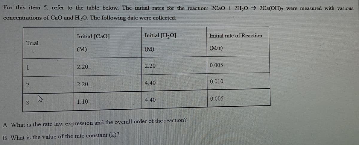 For this item 5, refer to the table below. The initial rates for the reaction: 2CaO + 2H₂O → 2Ca(OH)2 were measured with various
concentrations of CaO and H₂O. The following date were collected:
Initial [CaO]
Initial [H₂O]
Initial rate of Reaction
Trial
(M)
(M)
(M/s)
1
2.20
2.20
0.005
2
2.20
0.010
4.40
4.40
0.005
3
1.10
A. What is the rate law expression and the overall order of the reaction?
B. What is the value of the rate constant (k)?
2