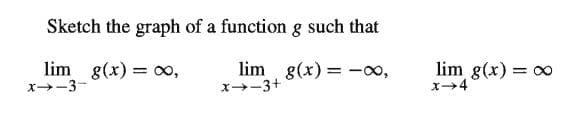 Sketch the graph of a function g such that
lim g(x) = 0,
x→-3-
lim g(x)= -00,
x→-3+
lim g(x) = 0
x4
