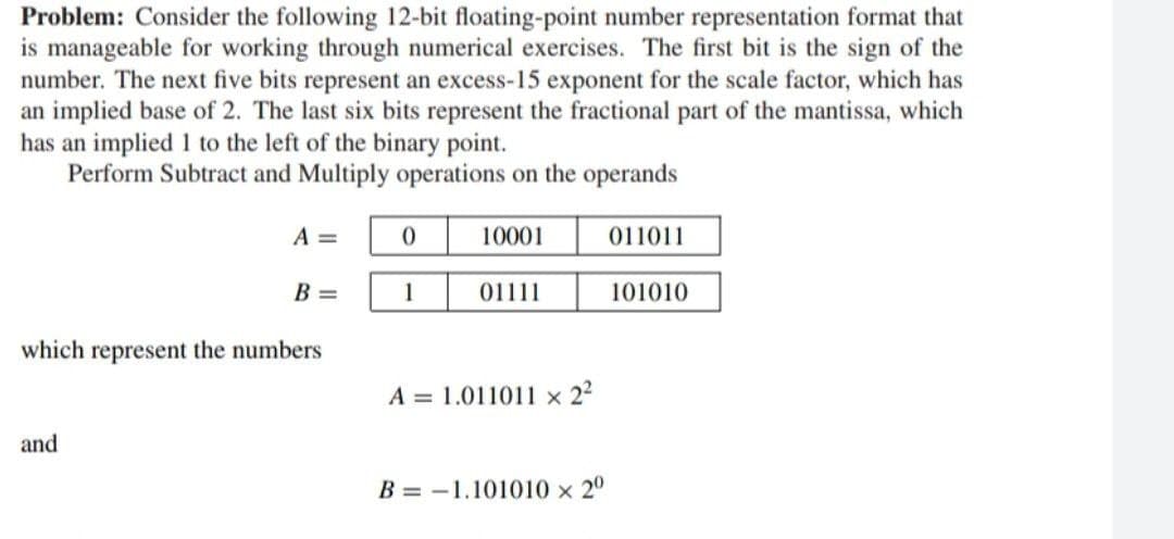 Problem: Consider the following 12-bit floating-point number representation format that
is manageable for working through numerical exercises. The first bit is the sign of the
number. The next five bits represent an excess-15 exponent for the scale factor, which has
an implied base of 2. The last six bits represent the fractional part of the mantissa, which
has an implied 1 to the left of the binary point.
Perform Subtract and Multiply operations on the operands
A =
10001
011011
B =
1
01111
101010
which represent the numbers
A = 1.011011 x 22
and
B = -1.101010 x 20
