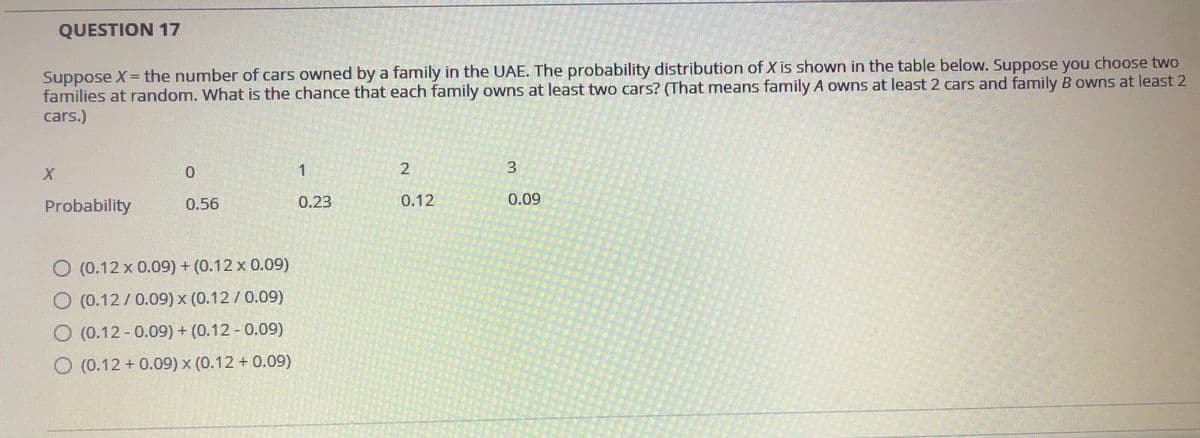 QUESTION 17
Suppose X = the number of cars owned by a family in the UAE. The probability distribution of X is shown in the table below. Suppose you choose two
families at random. What is the chance that each family owns at least two cars? (That means family A owns at least 2 cars and family B owns at least 2
cars.)
%3D
0.
1
3.
Probability
0.56
0.23
0.12
0.09
O (0.12 x 0.09) + (0.12 x 0.09)
O (0.12/ 0.09) x (0.12 / 0.09)
O (0.12 - 0.09) + (0.12 - 0.09)
O (0.12 + 0.09) x (0.12 + 0.09)
2.
