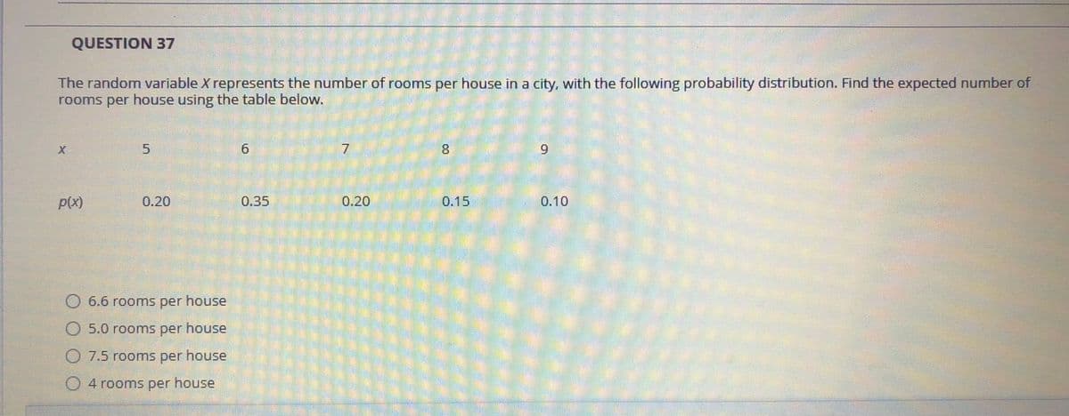 QUESTION 37
The random variable X represents the number of rooms per house in a city, with the following probability distribution. Find the expected number of
rooms per house using the table below.
5.
7.
8.
p(x)
0.20
0.35
0.20
0.15
0.10
O 6.6 rooms per house
5.0 rooms per house
O 7.5 roomns house
per
O 4 rooms per house
