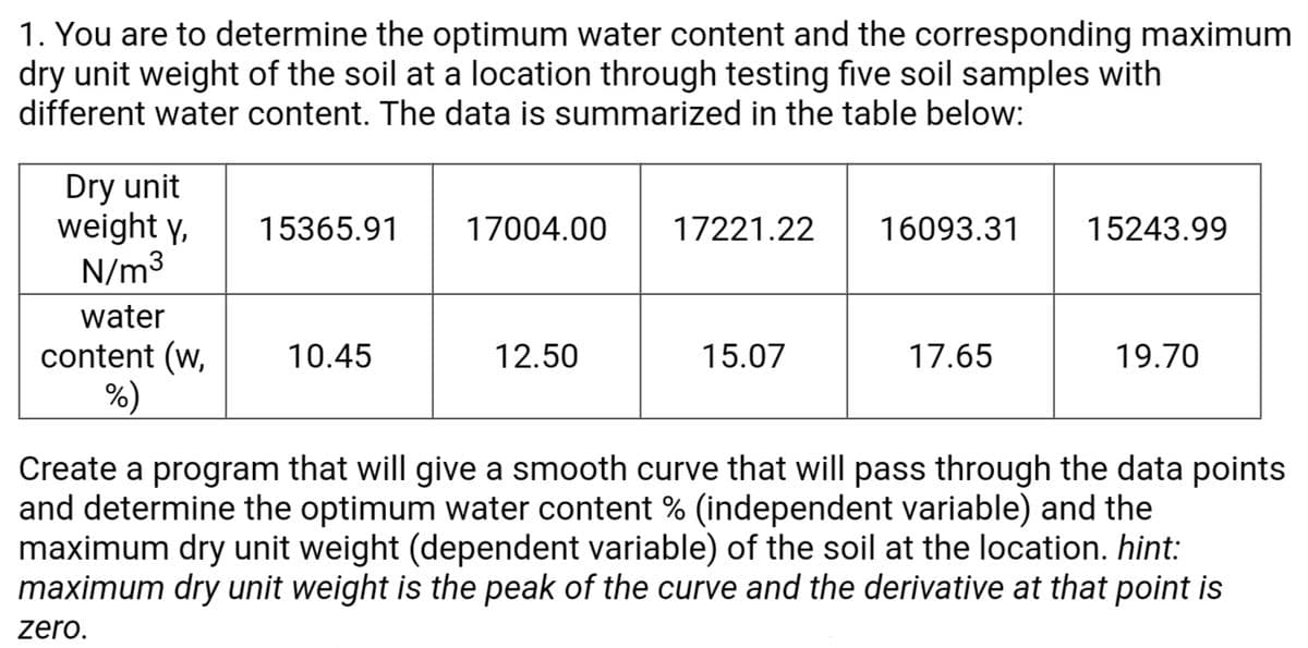 1. You are to determine the optimum water content and the corresponding maximum
dry unit weight of the soil at a location through testing five soil samples with
different water content. The data is summarized in the table below:
Dry unit
weight y,
N/m3
15365.91
17004.00
17221.22
16093.31
15243.99
water
content (w,
%)
10.45
12.50
15.07
17.65
19.70
Create a program that will give a smooth curve that will pass through the data points
and determine the optimum water content % (independent variable) and the
maximum dry unit weight (dependent variable) of the soil at the location. hint:
maximum dry unit weight is the peak of the curve and the derivative at that point is
zero.
