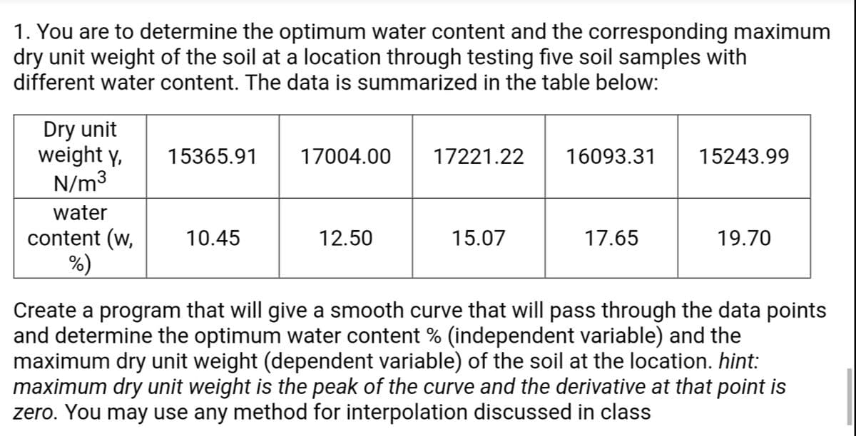1. You are to determine the optimum water content and the corresponding maximum
dry unit weight of the soil at a location through testing five soil samples with
different water content. The data is summarized in the table below:
Dry unit
weight y,
N/m3
15365.91
17004.00
17221.22
16093.31
15243.99
water
content (w,
%)
10.45
12.50
15.07
17.65
19.70
Create a program that will give a smooth curve that will pass through the data points
and determine the optimum water content % (independent variable) and the
maximum dry unit weight (dependent variable) of the soil at the location. hint:
maximum dry unit weight is the peak of the curve and the derivative at that point is
zero. You may use any method for interpolation discussed in class
