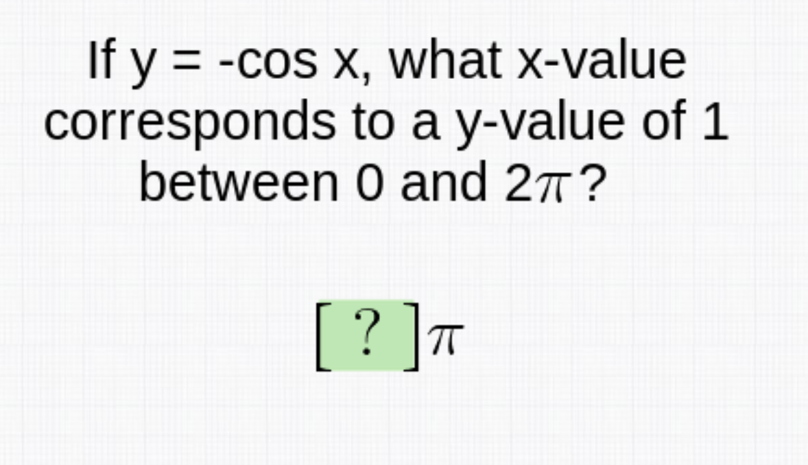 If y = -cos x, what x-value
corresponds to a y-value of 1
between 0 and 27?
[? ]T
