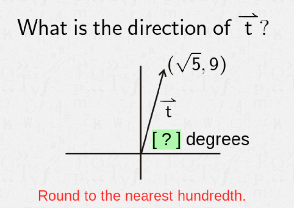 What is the direction of t?
(V5,9)
[?]degrees
Round to the nearest hundredth.
