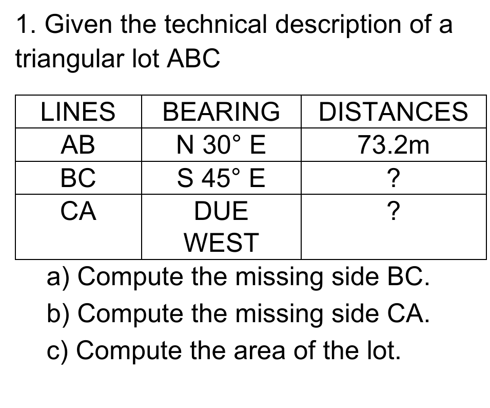 1. Given the technical description of a
triangular lot ABC
LINES
BEARING
DISTANCES
N 30° E
S 45° E
АВ
73.2m
ВС
?
СА
DUE
?
WEST
a) Compute the missing side BC.
b) Compute the missing side CA.
c) Compute the area of the lot.
