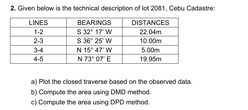 2. Given below is the technical description of lot 2081, Cebu Cadastre:
LINES
BEARINGS
DISTANCES
S 32° 17' W
S 36° 25' W
1-2
22.04m
2-3
10.00m
3-4
N 15° 47' W
5.00m
4-5
N 73° 07' E
19.95m
a) Plot the closed traverse based on the observed data.
b) Compute the area using DMD method.
c) Compute the area using DPD method.
