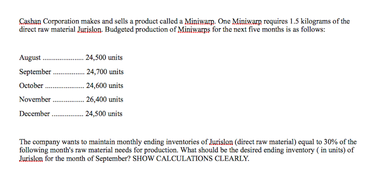 Cashan Corporation makes and sells a product called a Miniwarp. One Miniwarp requires 1.5 kilograms of the
direct raw material Jurislon. Budgeted production of Miniwarps for the next five months is as follows:
August .
.. 24,500 units
September . 24,700 units
. 24,600 units
26,400 units
December . 24,500 units
October
November
The company wants to maintain monthly ending inventories of Jurislon (direct raw material) equal to 30% of the
following month's raw material needs for production. What should be the desired ending inventory ( in units) of
Jurislon for the month of September? SHOW CALCULATIONS CLEARLY.
