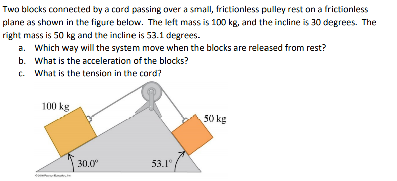 Two blocks connected by a cord passing over a small, frictionless pulley rest on a frictionless
plane as shown in the figure below. The left mass is 100 kg, and the incline is 30 degrees. The
right mass is 50 kg and the incline is 53.1 degrees.
a. Which way will the system move when the blocks are released from rest?
b. What is the acceleration of the blocks?
c. What is the tension in the cord?
100 kg
50 kg
30.0°
53.1°
e2016 Pearson Edeton in.
