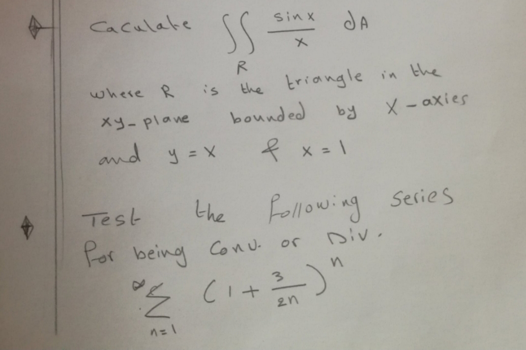 Caculate
Sin x
JA
メ
R.
the triangle in the
bounded
where R
is
by
X - axies
xy-plane
and y = X
そ × = \
%3D
