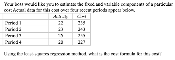 Your boss would like you to estimate the fixed and variable components of a particular
cost Actual data for this cost over four recent periods appear below.
Activity
22
Cost
Period 1
235
Period 2
23
243
Period 3
25
255
Period 4
20
227
Using the least-squares regression method, what is the cost formula for this cost?
