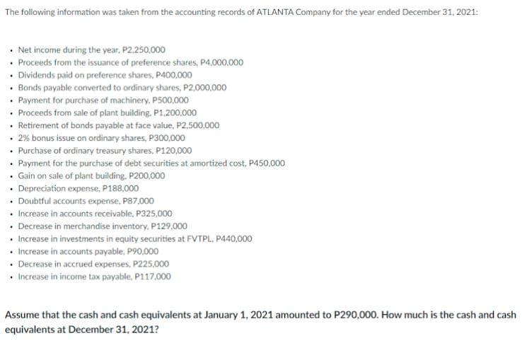 The following information was taken from the accounting records of ATLANTA Company for the year ended December 31, 2021:
• Net income during the year, P2.250,000
• Proceeds from the issuance of preference shares, P4,000,000
• Dividends paid on preference shares, P400,000
• Bonds payable converted to ordinary shares, P2,000,000
• Payment for purchase of machinery, P500,000
• Proceeds from sale of plant building. P1,200,000
• Retirement of bonds payable at face value, P2,500,000
• 2% bonus issue on ordinary shares, P300,000
• Purchase of ordinary treasury shares, P120,000
• Payment for the purchase of debt securities at amortized cost, P450,000
• Gain on sale of plant building, P200,000
• Depreciation expense, P188,000
• Doubtful accounts expense, P87,000
• Increase in accounts receivable, P325,000
• Decrease in merchandise inventory, P129,000
• Increase in investments in equity securities at FVTPL, P440,000
• Increase in accounts payable, P90,000
• Decrease in accrued expenses, P225,000
• Increase in income tax payable, P117,000
Assume that the cash and cash equivalents at January 1, 2021 amounted to P290,000. How much is the cash and cash
equivalents at December 31, 2021?
