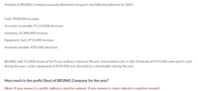 Analysis of BEIJING Company accounts disclosed changes in the following balances for 2021:
Cash, P598,000 increase
Accounts receivable, P1,125,000 decrease
Inventory, P1,000,000 increase
Equipment (net), P710,000 increase
Accounts payable, P395.000 decrease
BEIJING sold 115,000 shares of its P5 par ordinary shares at P8 each and received cash in full. Dividends of P195,000 were paid in cash
during the year, Lastly, equipment of P319,000 was donated by a shareholder during the year.
How much is the profit/(loss) of BEIJING Company for the year?
(Note: If your answer is a profit, indicate a positive amount. If your answer is a loss, indicate a negative amount)
