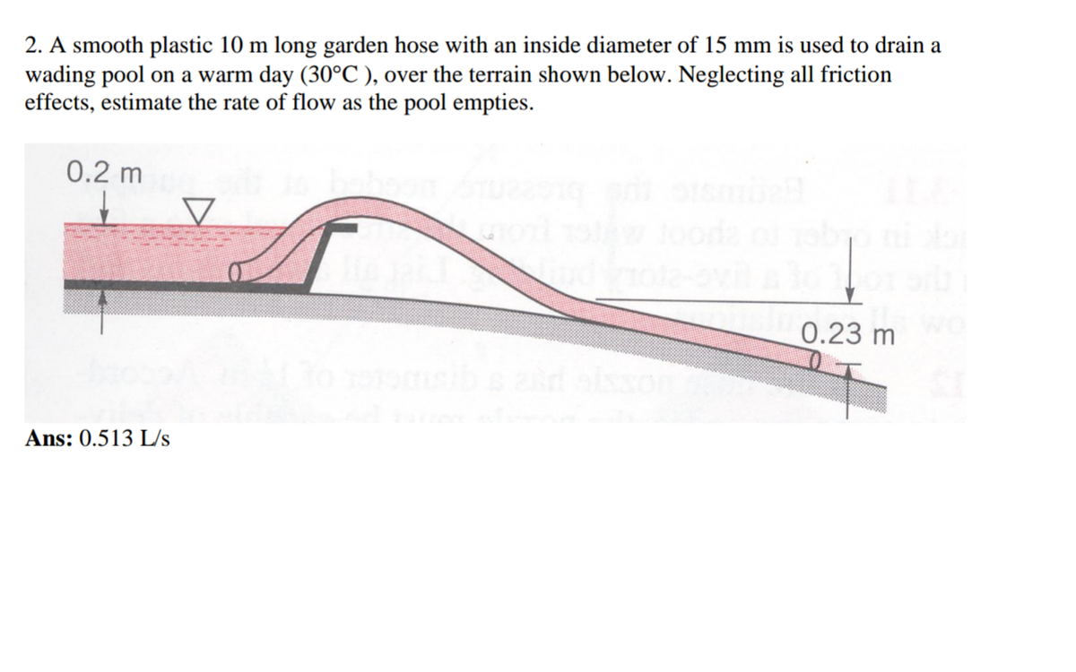 2. A smooth plastic 10 m long garden hose with an inside diameter of 15 mm is used to drain a
wading pool on a warm day (30°C), over the terrain shown below. Neglecting all friction
effects, estimate the rate of flow as the pool empties.
0.2 m
Ans: 0.513 L/s
0.23 m