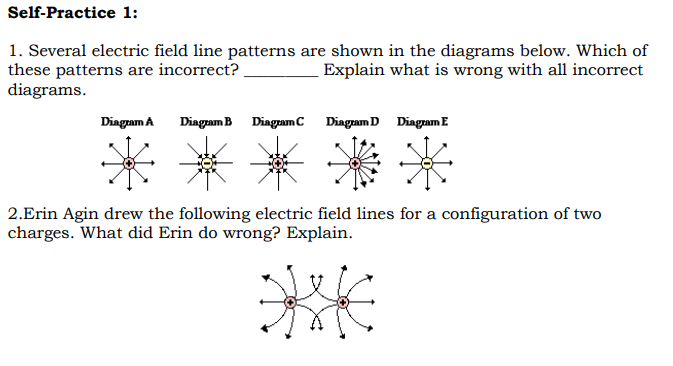 Self-Practice 1:
1. Several electric field line patterns are shown in the diagrams below. Which of
these patterns are incorrect? .
diagrams.
Explain what is wrong with all incorrect
Diagram A
Diagam B
Diagram C Diagam D Diagram E
2.Erin Agin drew the following electric field lines for a configuration of two
charges. What did Erin do wrong? Explain.
**
