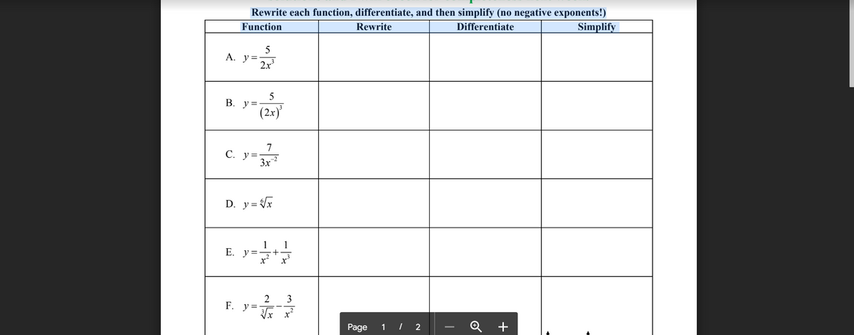 Rewrite each function, differentiate, and then simplify (no negative exponents!)
Function
Rewrite
Differentiate
Simplify
5
A. y=
5
B. y=
(2x)'
С. у3
3x
-2
D. y = Vx
1
E. y=,+
x'
1
2
F. у-
3
x x?
Page
1 | 2
+
