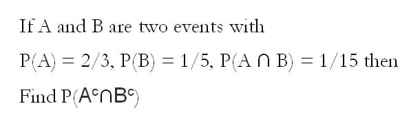 If A and B are two events with
P(A) = 2/3, P(B) = 1/5, P(AN B) = 1/15 then
Find P(ANB)