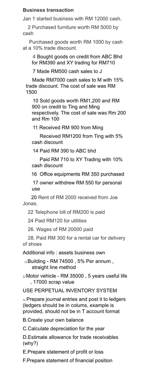 Business transaction
Jan 1 started business with RM 12000 cash.
2 Purchased furniture worth RM 5000 by
cash
Purchased goods worth RM 1000 by cash
at a 10% trade discount.
4 Bought goods on credit from ABC Bhd
for RM390 and XY trading for RM710
7 Made RM500 cash sales to J
Made RM7000 cash sales to M with 15%
trade discount. The cost of sale was RM
1500
10 Sold goods worth RM1,200 and RM
900 on credit to Ting and Ming
respectively. The cost of sale was Rm 200
and Rm 100
11 Received RM 900 from Ming
Received RM1200 from Ting with 5%
discount
14 Paid RM 390 to ABC bhd
Paid RM 710 to XY Trading with 10%
cash discount
16 Office equipments RM 350 purchased
17 owner withdrew RM 550 for personal
use
20 Rent of RM 2000 received from Joe
Jonas.
22 Telephone bill of RM200 is paid
24 Paid RM120 for utilities
26. Wages of RM 20000 paid
28. Paid RM 300 for a rental car for delivery
of shoes
Additional info : assets business own
1) Building - RM 74500 , 5% Per annum ,
straight line method
2) Motor vehicle - RM 35000 , 5 years useful life
17000 scrap value
USE PERPETUAL INVENTORY SYSTEM
a. Prepare journal entries and post it to ledgers
(ledgers should be in colums, example is
provided, should not be in T account format
B.Create your own balance
C.Calculate depreciation for the year
D.Estimate allowance for trade receivables
(why?)
E.Prepare statement of profit or loss
F.Prepare statement of financial position
