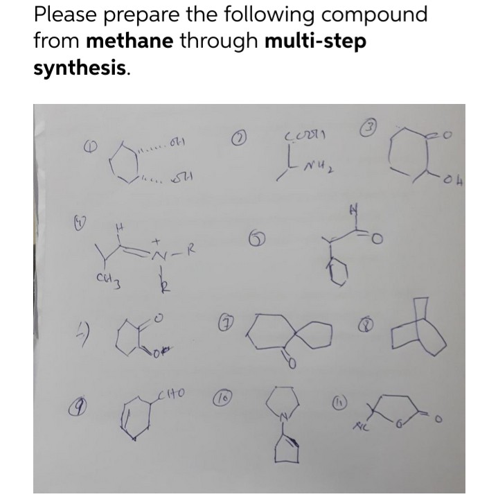 Please prepare the following compound
from methane through multi-step
synthesis.
N-R
CHO
(10
NL
