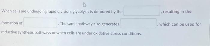 When cells are undergoing rapid division, glycolysis is detoured by the
, resulting in the
formation of
. The same pathway also generates
, which can be used for
reductive synthesis pathways or when cells are under oxidative stress conditions.
