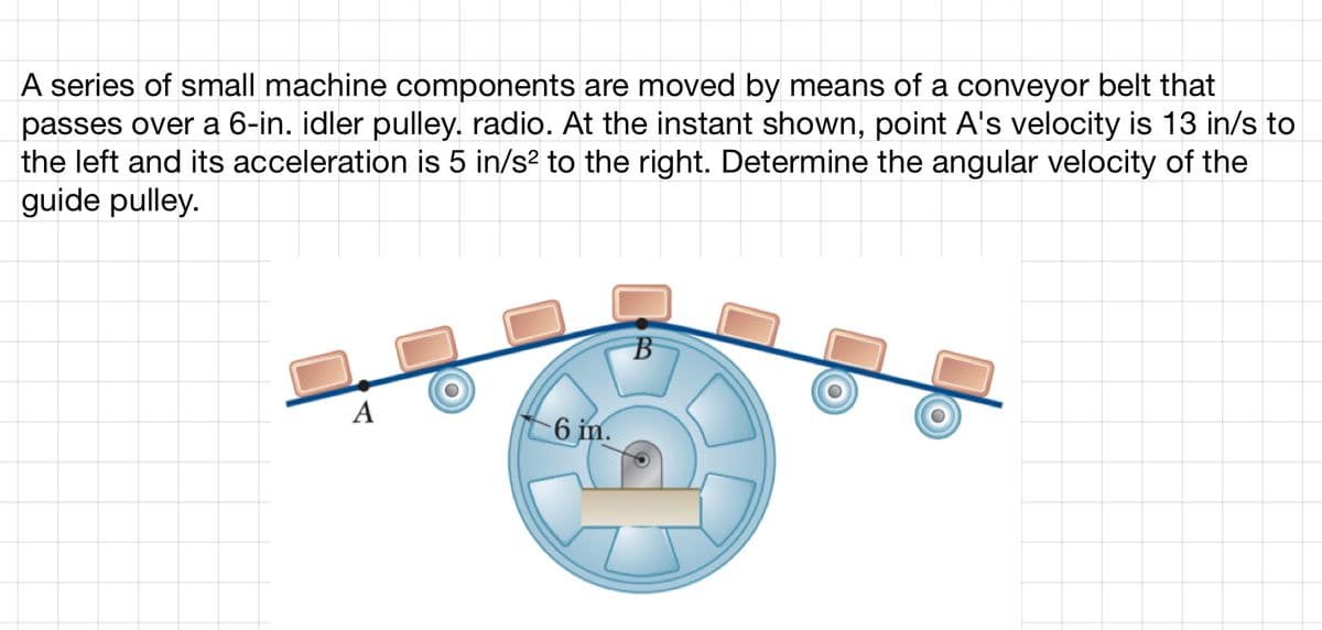 A series of small machine components are moved by means of a conveyor belt that
passes over a 6-in. idler pulley. radio. At the instant shown, point A's velocity is 13 in/s to
the left and its acceleration is 5 in/s² to the right. Determine the angular velocity of the
guide pulley.
A
6 in.
B