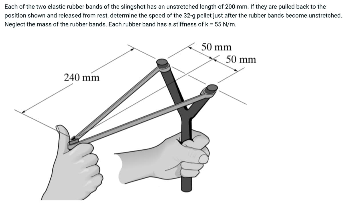 Each of the two elastic rubber bands of the slingshot has an unstretched length of 200 mm. If they are pulled back to the
position shown and released from rest, determine the speed of the 32-g pellet just after the rubber bands become unstretched.
Neglect the mass of the rubber bands. Each rubber band has a stiffness of k = 55 N/m.
240 mm
50 mm
50 mm