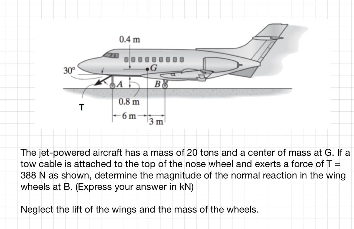 30°
T
0.4 m
00
BA+
0.8 m
-6m
G
B
3 m
=
The jet-powered aircraft has a mass of 20 tons and a center of mass at G. If a
tow cable is attached to the top of the nose wheel and exerts a force of T
388 N as shown, determine the magnitude of the normal reaction in the wing
wheels at B. (Express your answer in kN)
Neglect the lift of the wings and the mass of the wheels.