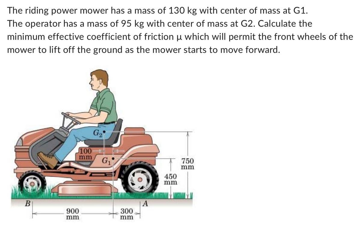 The riding power mower has a mass of 130 kg with center of mass at G1.
The operator has a mass of 95 kg with center of mass at G2. Calculate the
minimum effective coefficient of friction u which will permit the front wheels of the
mower to lift off the ground as the mower starts to move forward.
B
100
mm
900
mm
G₂
G₁
300
mm
A
450
mm
750
mm