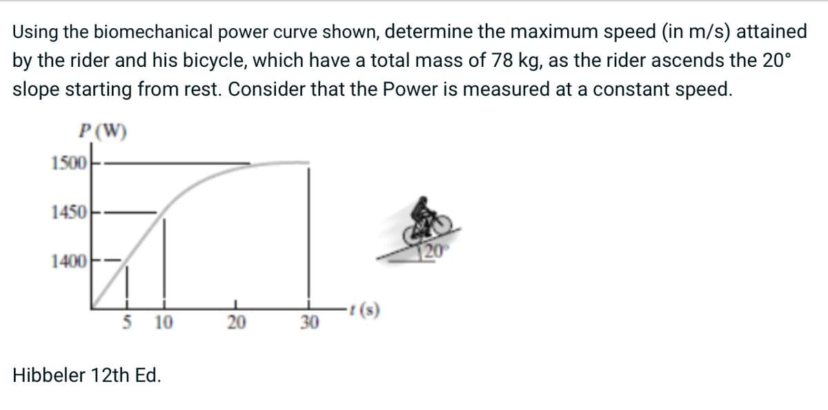 Using the biomechanical power curve shown, determine the maximum speed (in m/s) attained
by the rider and his bicycle, which have a total mass of 78 kg, as the rider ascends the 20°
slope starting from rest. Consider that the Power is measured at a constant speed.
P (W)
1500
1450
1400
5 10
Hibbeler 12th Ed.
20
30
-t(s)
120