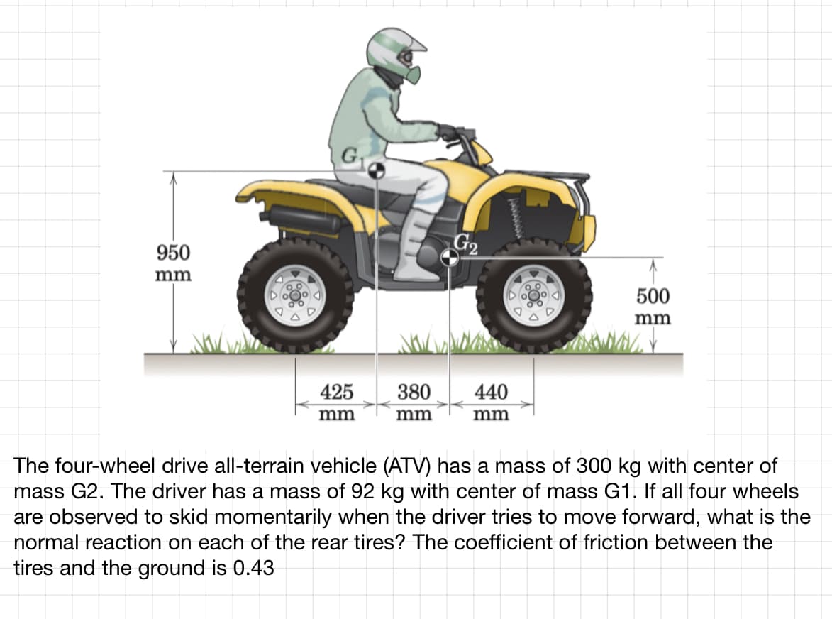 950
mm
G₂
azo
425
mm
380
mm
440
mm
500
mm
The four-wheel drive all-terrain vehicle (ATV) has a mass of 300 kg with center of
mass G2. The driver has a mass of 92 kg with center of mass G1. If all four wheels
are observed to skid momentarily when the driver tries to move forward, what is the
normal reaction on each of the rear tires? The coefficient of friction between the
tires and the ground is 0.43