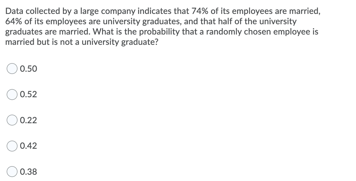Data collected by a large company indicates that 74% of its employees are married,
64% of its employees are university graduates, and that half of the university
graduates are married. What is the probability that a randomly chosen employee is
married but is not a university graduate?
0.50
0.52
0.22
0.42
0.38
