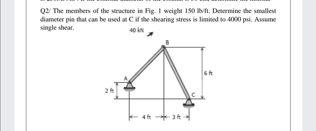 Q2/ The members of the structure in Fig. 1 weight 150 lb/ft. Determine the smallest
diameter pin that can be used at C if the shearing stress is limited to 4000 psi. Assume
single shear.
40 kN
6 ft
2 ft
C
4 ft - 3 ft
