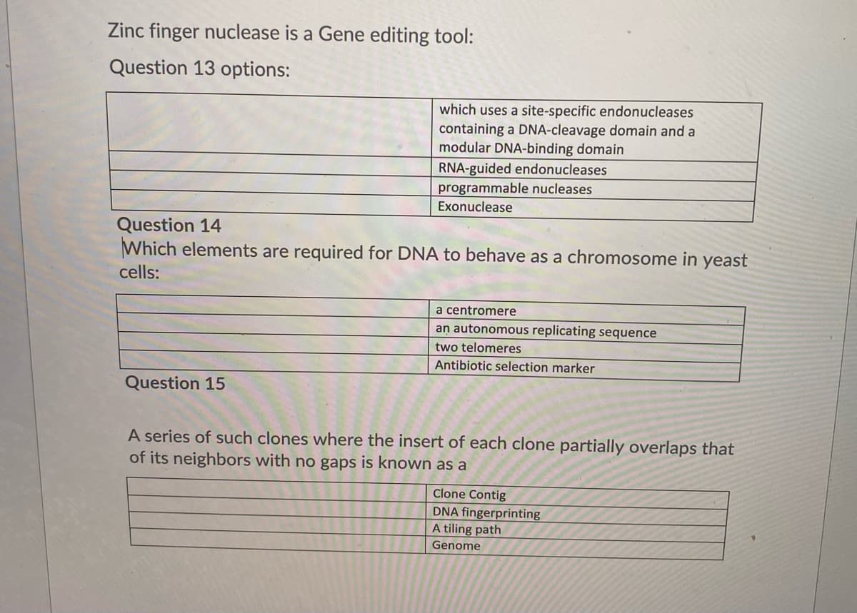 Zinc finger nuclease is a Gene editing tool:
Question 13 options:
which uses a site-specific endonucleases
containing a DNA-cleavage domain and a
modular DNA-binding domain
RNA-guided endonucleases
programmable nucleases
Exonuclease
Question 14
Which elements are required for DNA to behave as a chromosome in yeast
cells:
a centromere
an autonomous replicating sequence
two telomeres
Antibiotic selection marker
Question 15
A series of such clones where the insert of each clone partially overlaps that
of its neighbors with no gaps is known as a
Clone Contig
DNA fingerprinting
A tiling path
Genome
