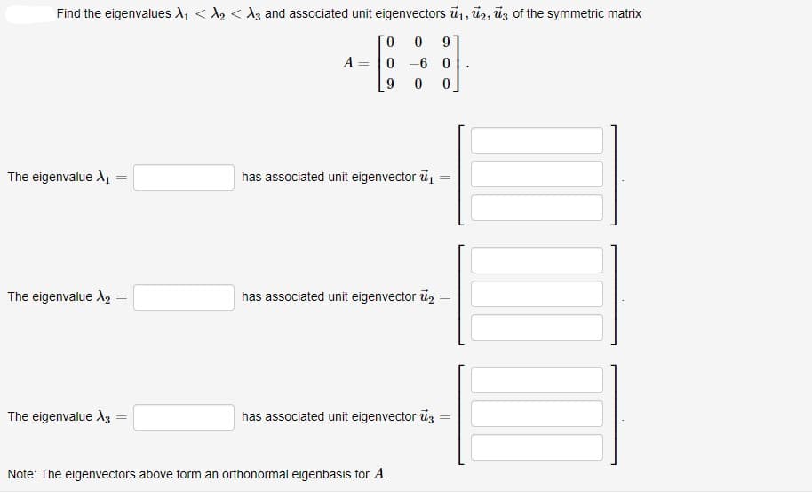 Find the eigenvalues A1 < A2 < A3 and associated unit eigenvectors ū1, üz, üz of the symmetric matrix
0.
91
A =
0 -6 0
%3D
The eigenvalue A1
has associated unit eigenvector u,
The eigenvalue A, =
has associated unit eigenvector u,
The eigenvalue A3
has associated unit eigenvector üz
%3D
Note: The eigenvectors above form an orthonormal eigenbasis for A.
