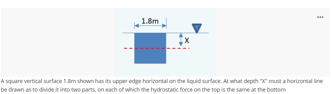 1.8m
A square vertical surface 1.8m shown has its upper edge horizontal on the liquid surface. At what depth "X" must a horizontal line
be drawn as to divide it into two parts, on each of which the hydrostatic force on the top is the same at the bottom
