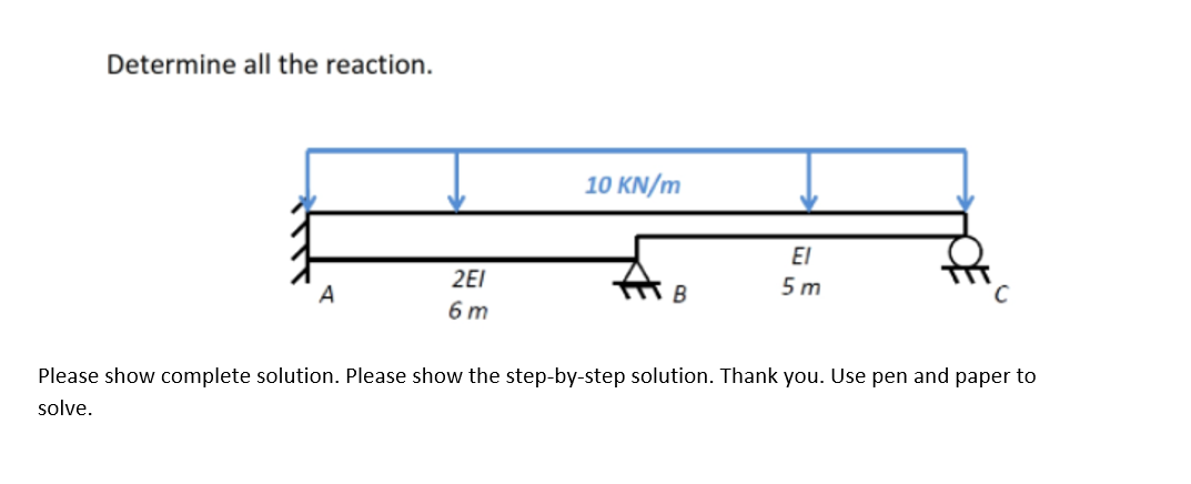 Determine all the reaction.
10 KN/m
EI
2EI
5 m
A
B
6 m
Please show complete solution. Please show the step-by-step solution. Thank you. Use pen and paper to
solve.
