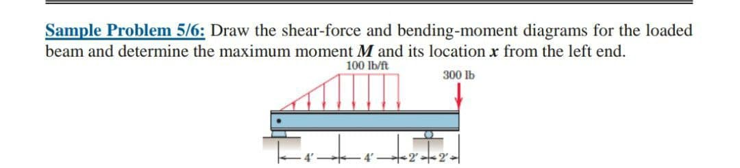Sample Problem 5/6: Draw the shear-force and bending-moment diagrams for the loaded
beam and determine the maximum moment M and its location x from the left end.
100 lb/ft
300 lb

