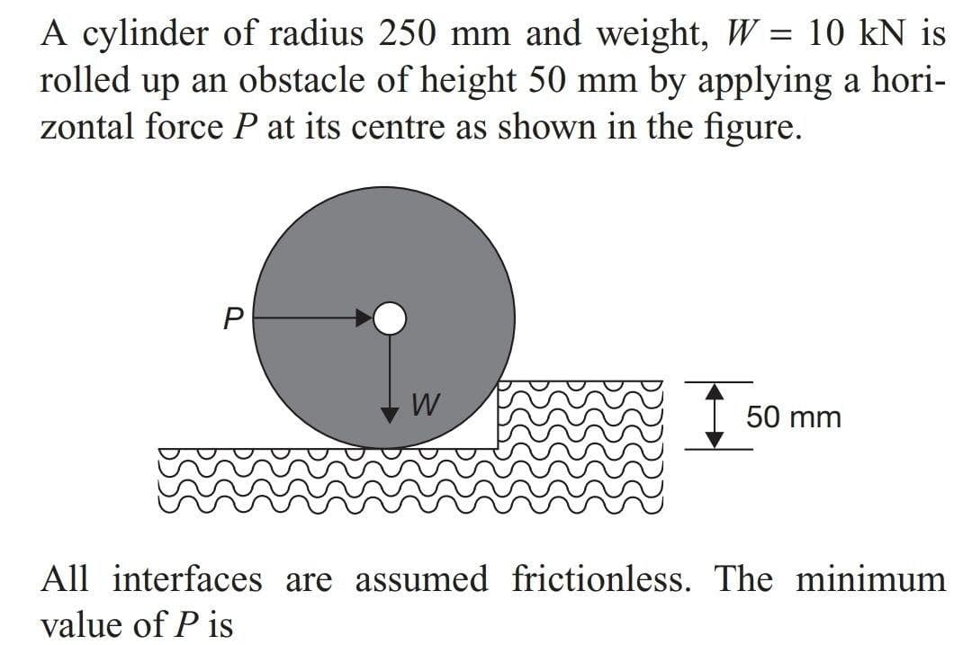 A cylinder of radius 250 mm and weight, W = 10 kN is
rolled up an obstacle of height 50 mm by applying a hori-
zontal force P at its centre as shown in the figure.
W
50 mm
All interfaces are assumed frictionless. The minimum
value of P is
