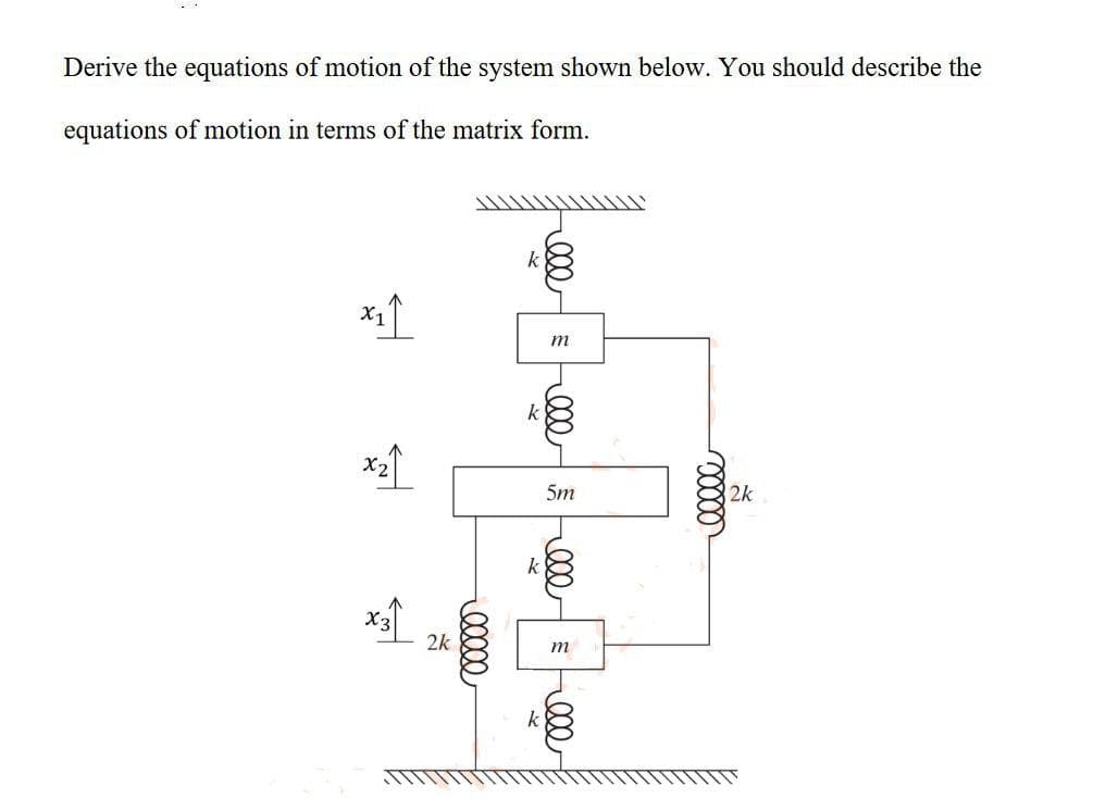 Derive the equations of motion of the system shown below. You should describe the
equations of motion in terms of the matrix form.
X1
m
k
5m
2k
2k
m
k
0000
