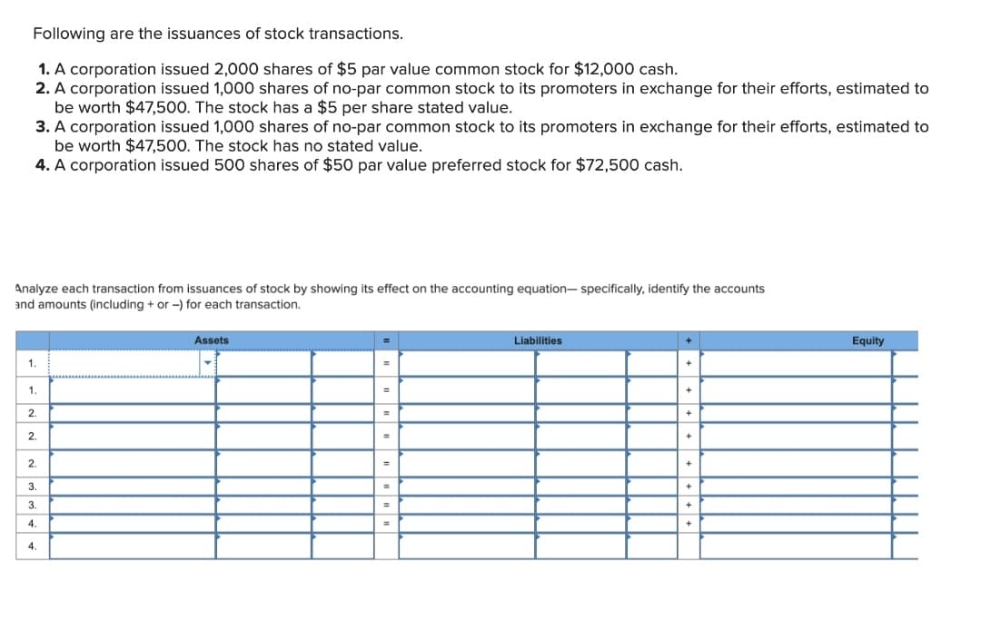 Following are the issuances of stock transactions.
1. A corporation issued 2,000 shares of $5 par value common stock for $12,000 cash.
2. A corporation issued 1,000 shares of no-par common stock to its promoters in exchange for their efforts, estimated to
be worth $47,500. The stock has a $5 per share stated value.
3. A corporation issued 1,000 shares of no-par common stock to its promoters in exchange for their efforts, estimated to
be worth $47,500. The stock has no stated value.
4. A corporation issued 500 shares of $50 par value preferred stock for $72,500 cash.
Analyze each transaction from issuances of stock by showing its effect on the accounting equation-specifically, identify the accounts
and amounts (including + or -) for each transaction.
1.
1.
2.
2.
2.
3.
3.
4.
4.
Assets
=
=
=
=
=
Liabilities
+
+
+
+
+
+
+
+
Equity